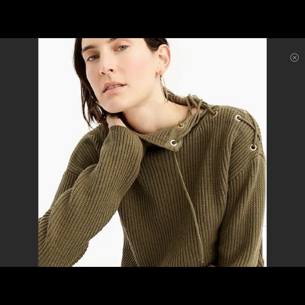 Like New JCrew olive ribbed mock neck lace up sweater